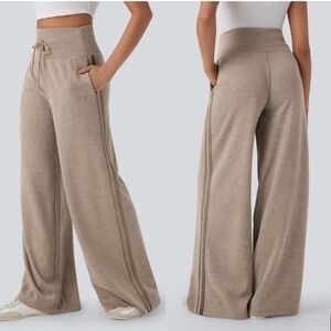 NWT HALARA ribbed lounge pants. Tan Wide-Leg flowy soft 4 way stretch size S